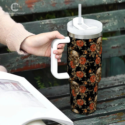 Vintage Skull and Rose Tumbler 40oz With Handle And Straw - Halloween Gift - Charming Present