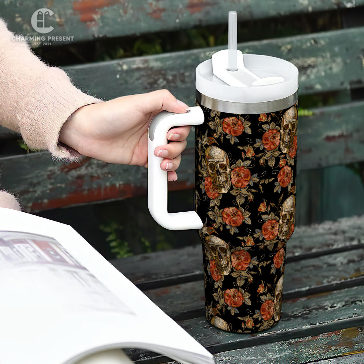 Vintage Skull and Rose Tumbler 40oz With Handle And Straw - Halloween Gift