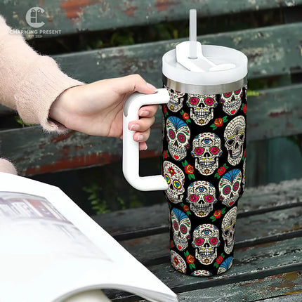 Vintage Sugar Skull Floral Tumbler 40oz With Handle And Straw - Halloween Gift 2 - Charming Present