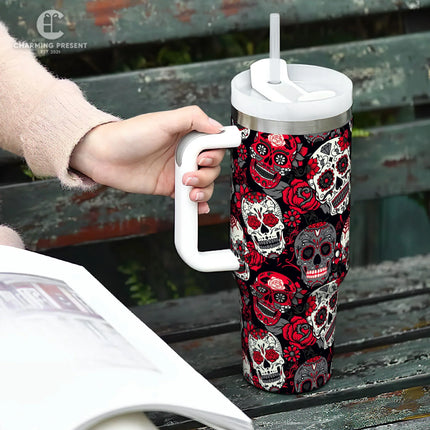 Vintage Sugar Skull Floral Tumbler 40oz With Handle And Straw - Halloween Gift - Charming Present