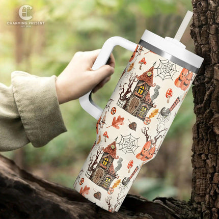 Vintage Halloween Pattern Tumbler 40oz With Handle And Straw - Halloween Gift - Charming Present