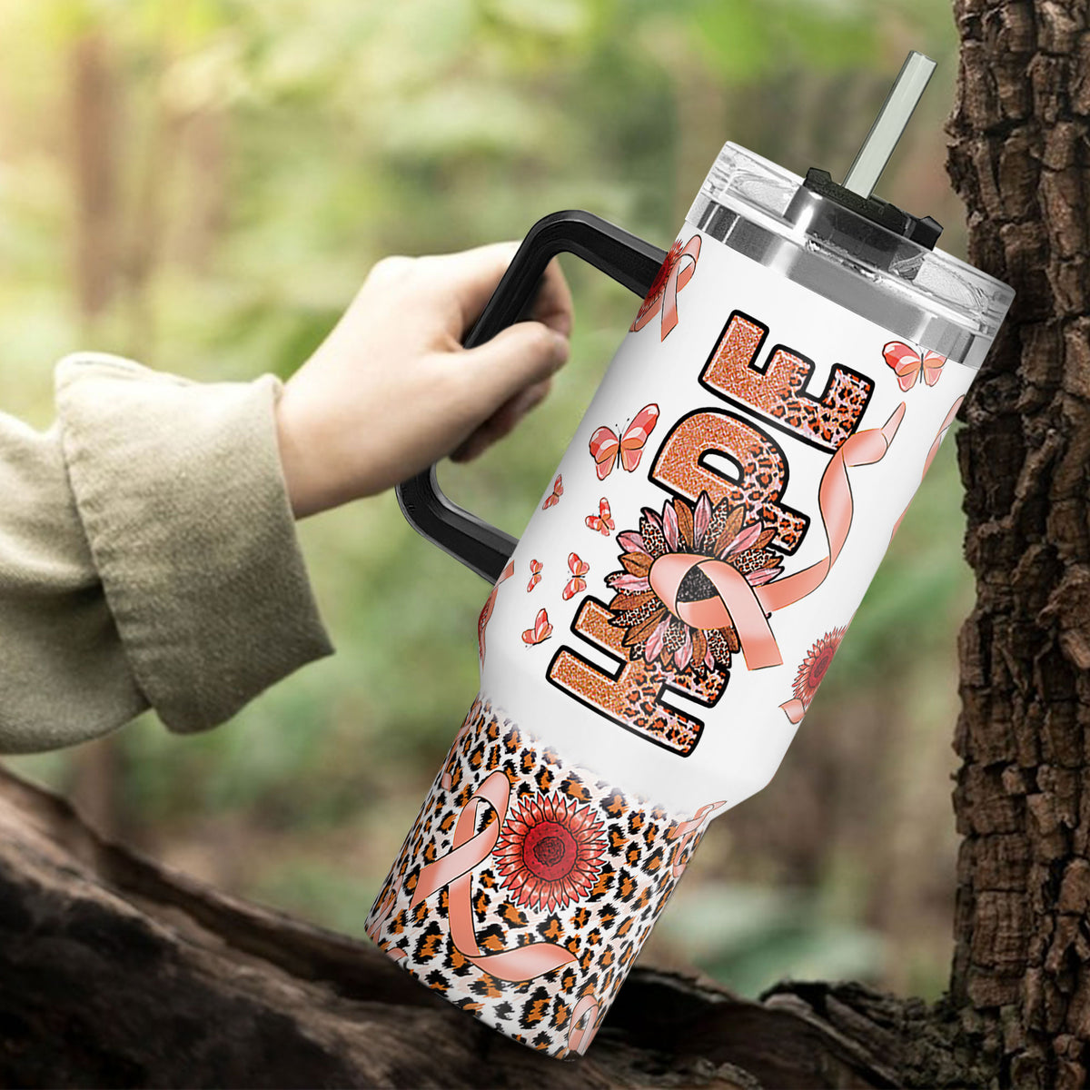 Hope Uterine Cancer Awareness 40oz Tumbler With Handle Lid and Straw