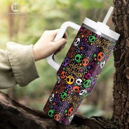 Tiny Cute Sugar Skull Tumbler 40oz With Handle And Straw - Halloween Gift - Charming Present
