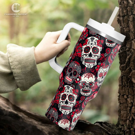 Vintage Sugar Skull Floral Tumbler 40oz With Handle And Straw - Halloween Gift - Charming Present