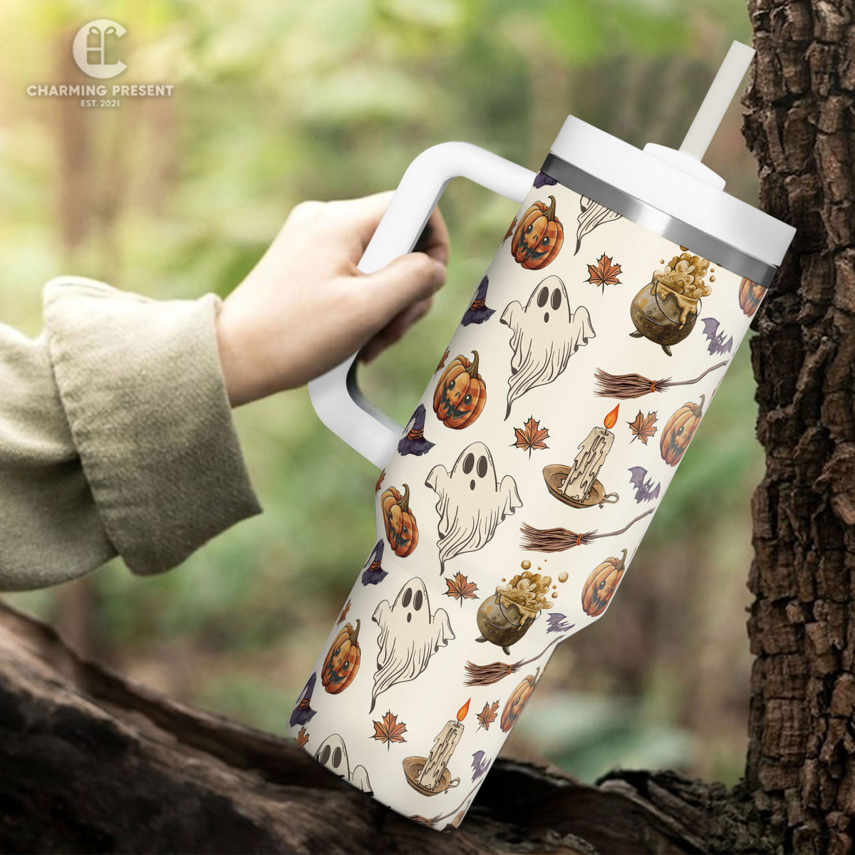 Vintage Halloween Pattern Tumbler 40oz With Handle And Straw - Halloween Gift