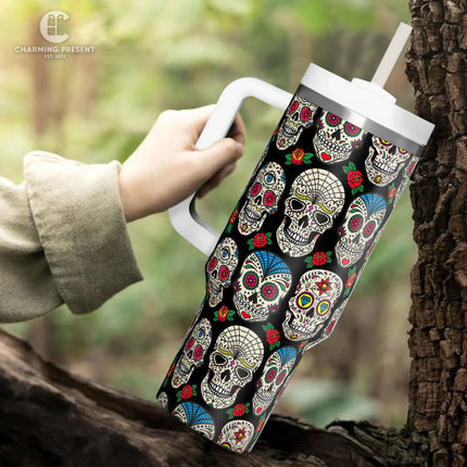 Vintage Sugar Skull Floral Tumbler 40oz With Handle And Straw - Halloween Gift 2 - Charming Present