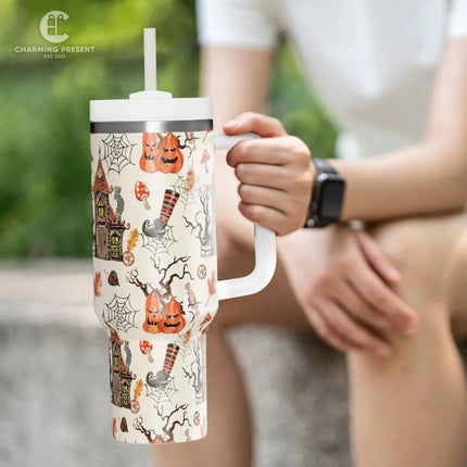 Vintage Halloween Pattern Tumbler 40oz With Handle And Straw - Halloween Gift - Charming Present