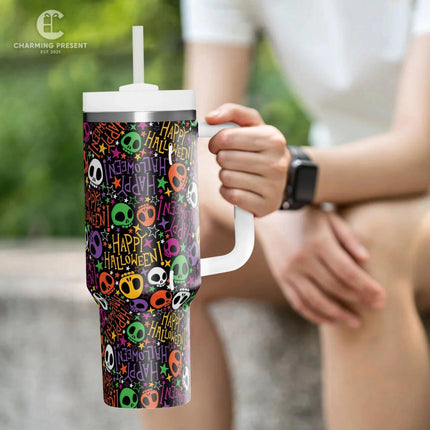 Tiny Cute Sugar Skull Tumbler 40oz With Handle And Straw - Halloween Gift - Charming Present