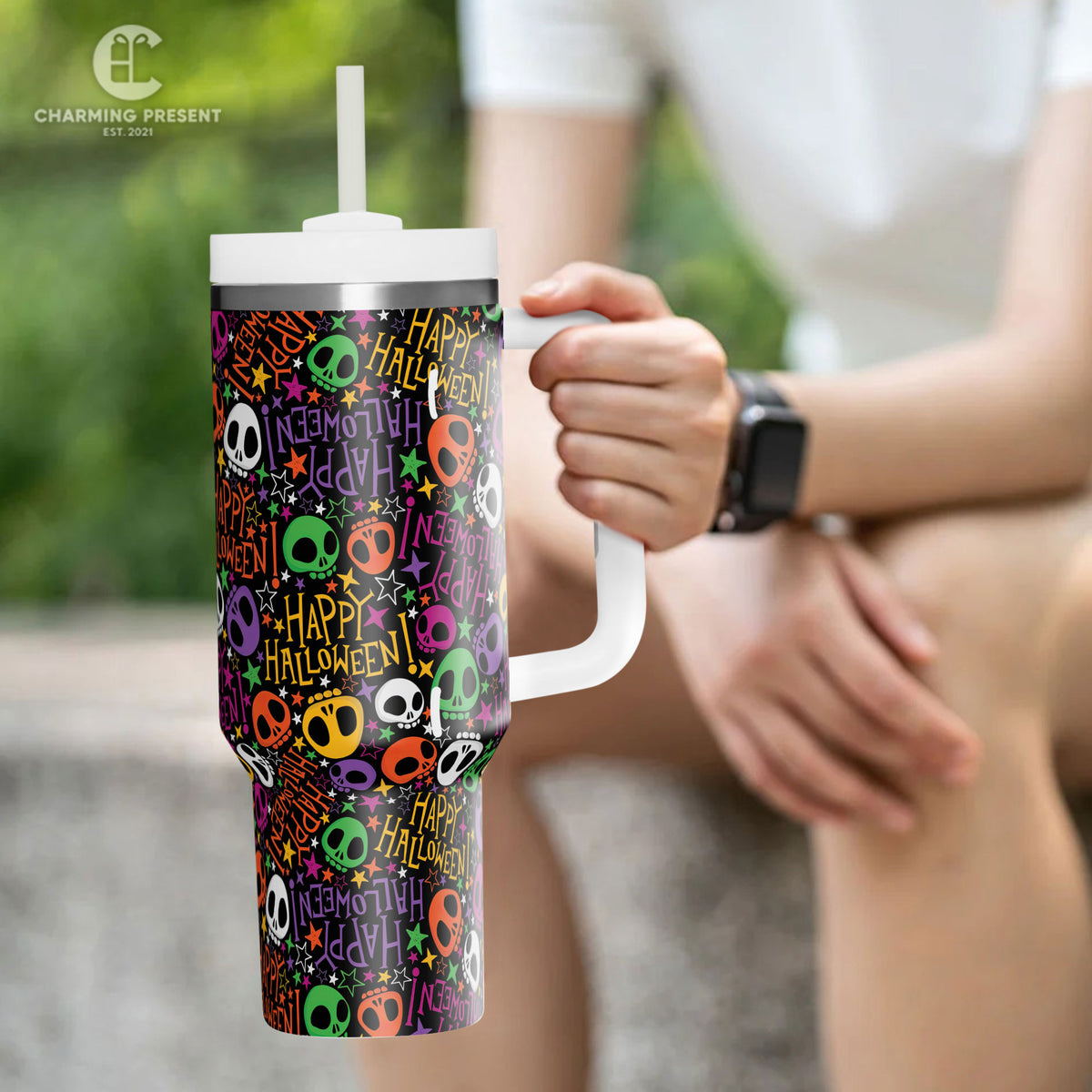 Tiny Cute Sugar Skull Tumbler 40oz With Handle And Straw - Halloween Gift