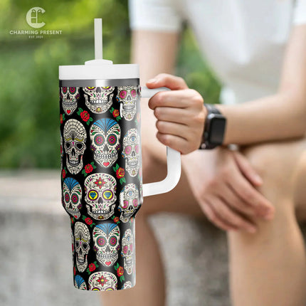 Vintage Sugar Skull Floral Tumbler 40oz With Handle And Straw - Halloween Gift 2 - Charming Present