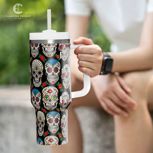 Vintage Sugar Skull Floral Tumbler 40oz With Handle And Straw - Halloween Gift 2