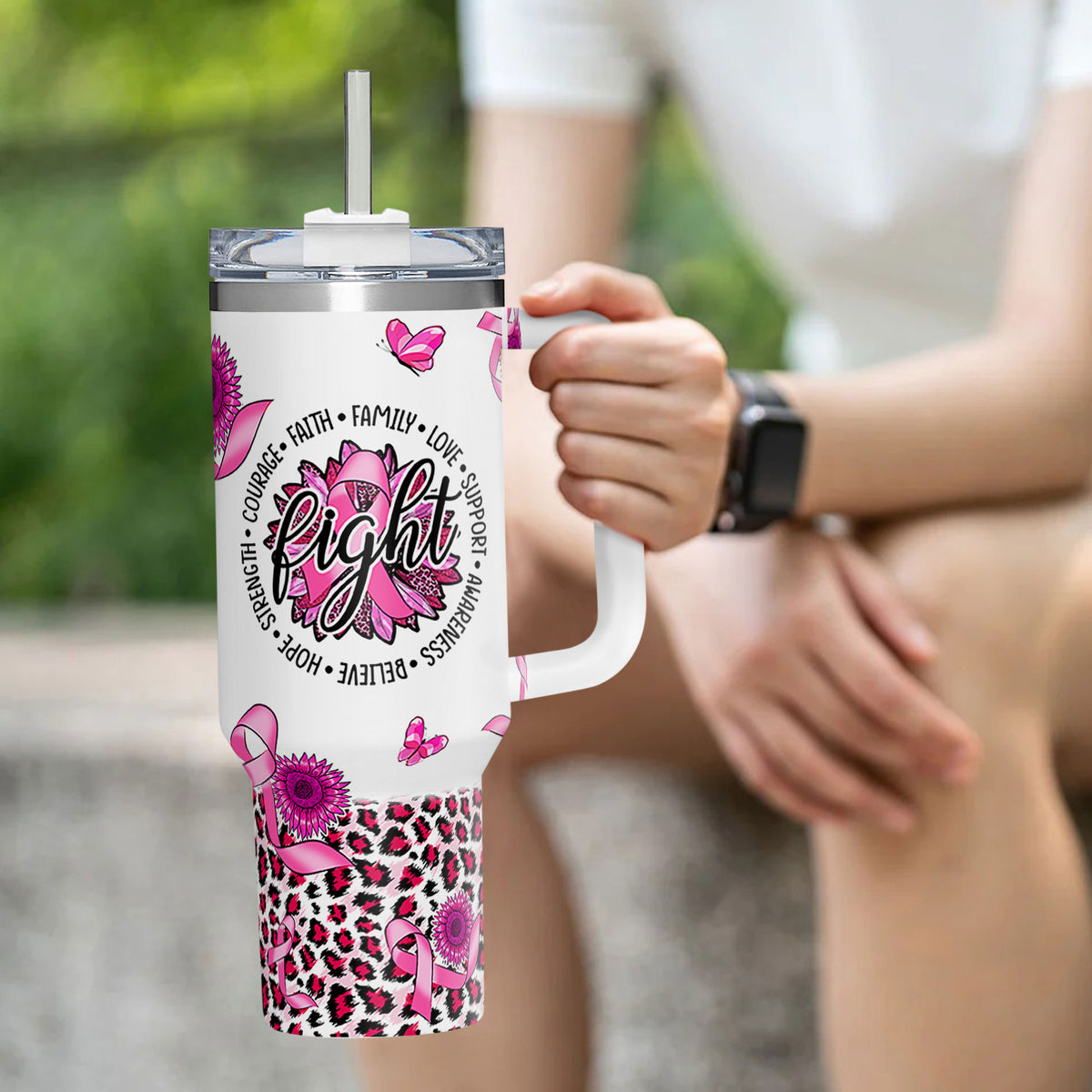 Hope Breast Cancer Awareness 40oz Tumbler With Handle Lid and Straw