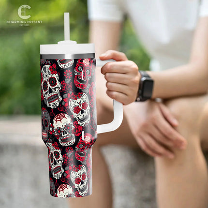 Vintage Sugar Skull Floral Tumbler 40oz With Handle And Straw - Halloween Gift - Charming Present