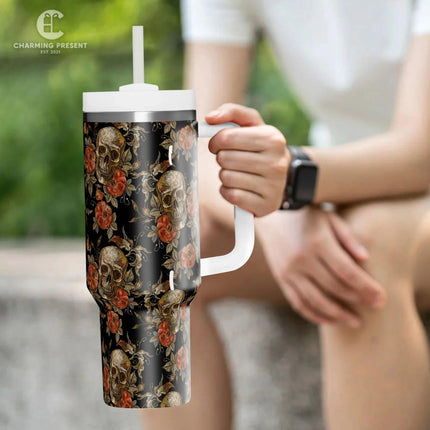 Vintage Skull and Rose Tumbler 40oz With Handle And Straw - Halloween Gift - Charming Present