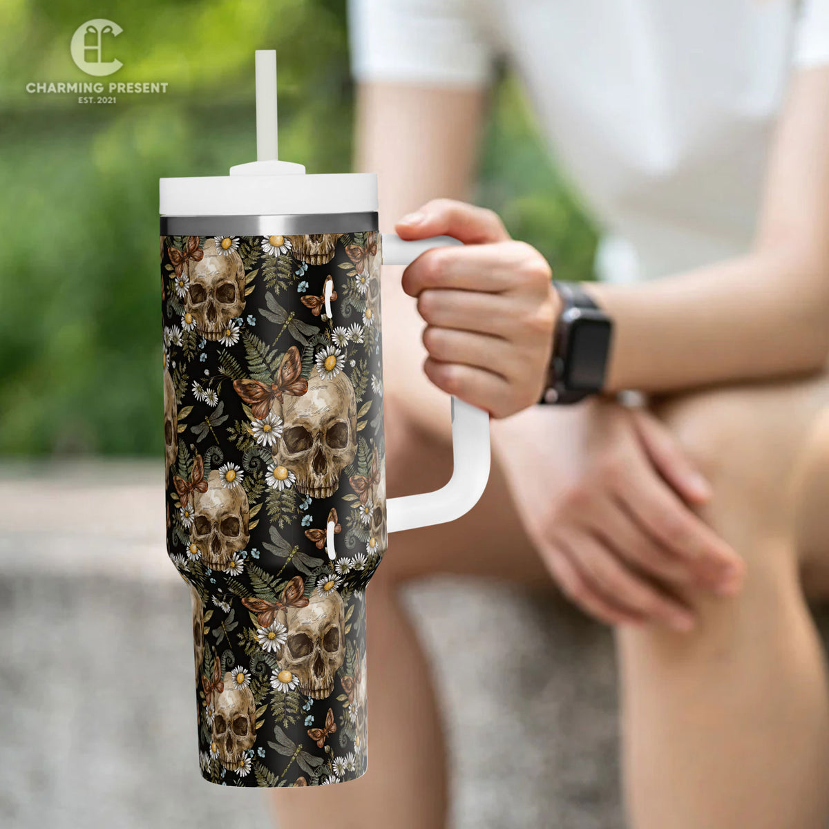 Vintage Skull With Flower Tumbler 40oz With Handle And Straw - Halloween Gift