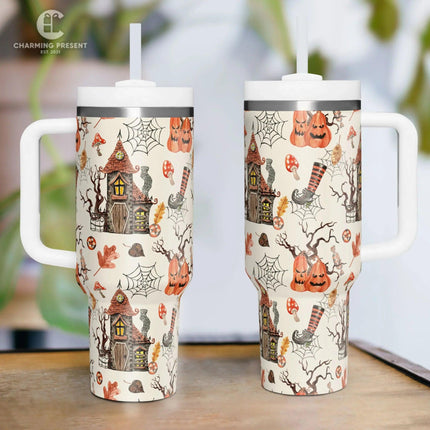 Vintage Halloween Pattern Tumbler 40oz With Handle And Straw - Halloween Gift - Charming Present