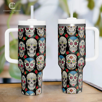 Vintage Sugar Skull Floral Tumbler 40oz With Handle And Straw - Halloween Gift 2 - Charming Present