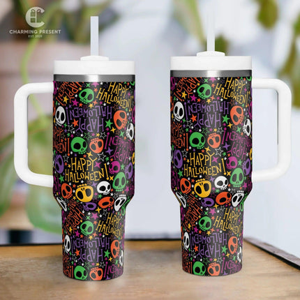 Tiny Cute Sugar Skull Tumbler 40oz With Handle And Straw - Halloween Gift - Charming Present
