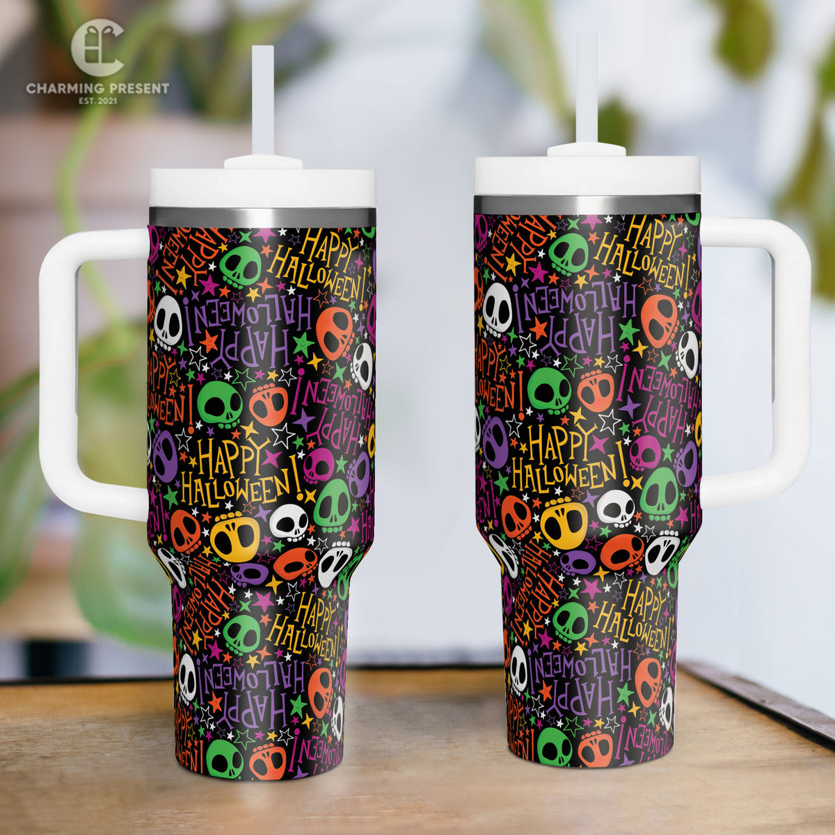 Tiny Cute Sugar Skull Tumbler 40oz With Handle And Straw - Halloween Gift