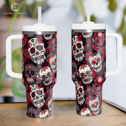 Vintage Sugar Skull Floral Tumbler 40oz With Handle And Straw - Halloween Gift - Charming Present