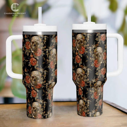 Vintage Skull and Rose Tumbler 40oz With Handle And Straw - Halloween Gift - Charming Present