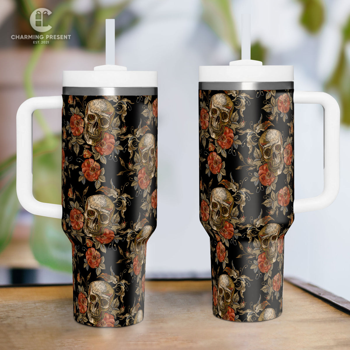 Vintage Skull and Rose Tumbler 40oz With Handle And Straw - Halloween Gift