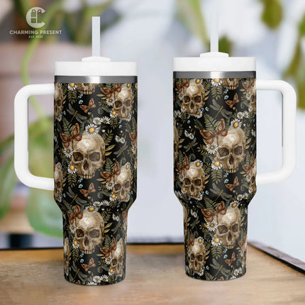 Vintage Skull With Flower Tumbler 40oz With Handle And Straw - Halloween Gift - Charming Present