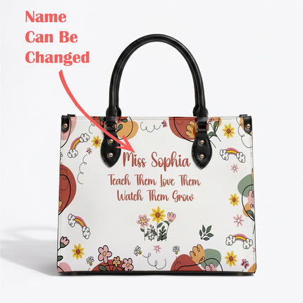 Personalized Teacher Leather Handbag Boho Floral Teach Love Grow