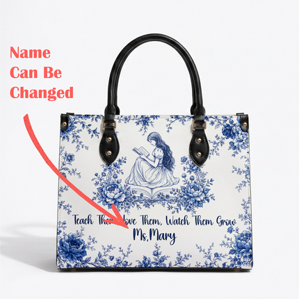 Personalized Teacher Leather Handbag Blue Floral Vintage Reading