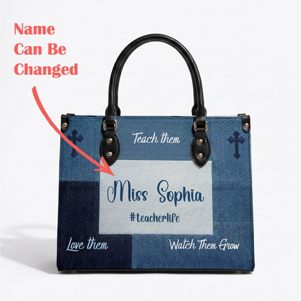 Personalized Teacher Leather Handbag Denim Floral Tiny Humans