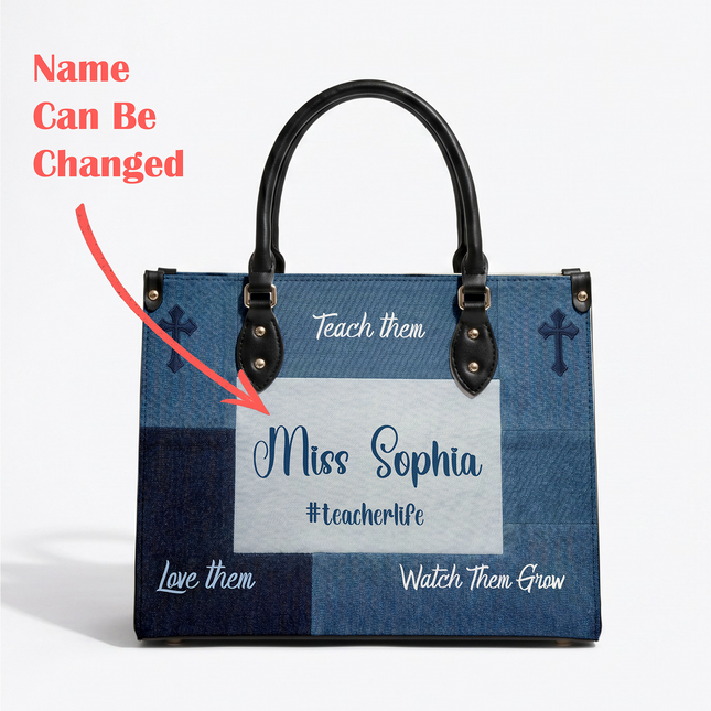 Personalized Teacher Leather Handbag Denim Floral Tiny Humans