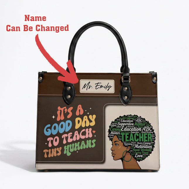 Personalized Teacher Leather Handbag Afro Word Art Tiny Humans