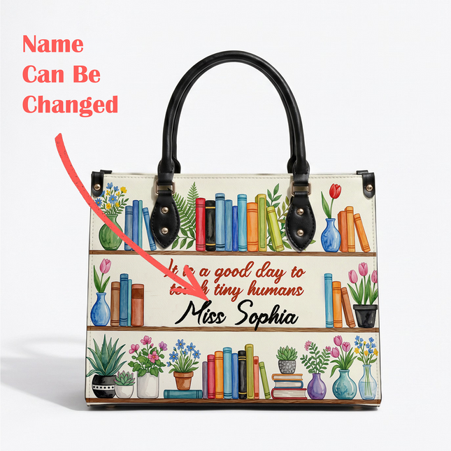 Personalized Teacher Leather Handbag Bookshelf Plants Tiny Humans