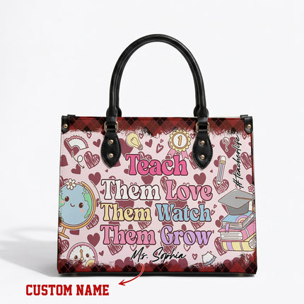 Personalized Teacher Leather Handbag Pink Plaid Hearts
