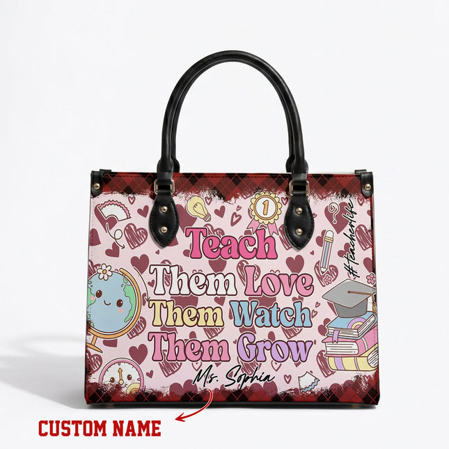 Personalized Teacher Leather Handbag Pink Plaid Hearts
