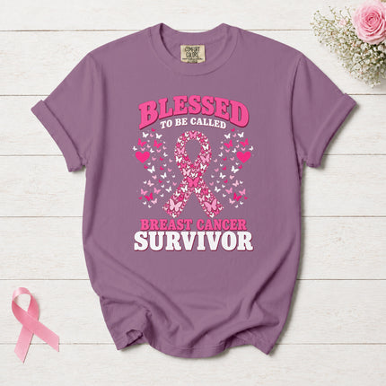 Comfort Colors Breast Cancer Awareness Blessed Survivor Butterfly Ribbon T-Shirt