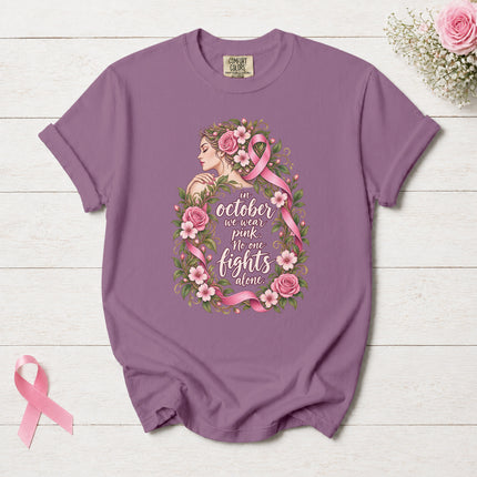 Comfort Colors Breast Cancer Awareness October Pink Ribbon Floral Support T-Shirt