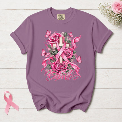 Comfort Colors Breast Cancer Awareness Believe Pink Ribbon Faith Floral T-Shirt