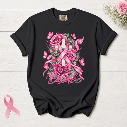 Comfort Colors Breast Cancer Awareness Believe Pink Ribbon Faith Floral T-Shirt
