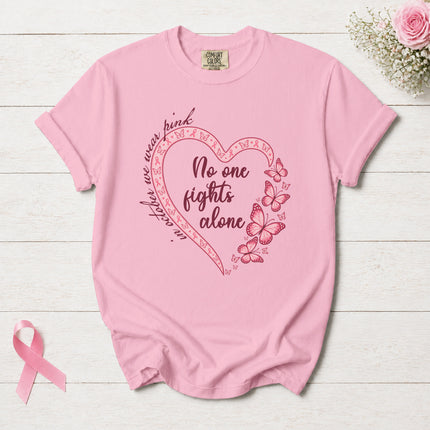 Comfort Colors Breast Cancer Awareness No One Fights Alone Butterfly Heart T-Shirt