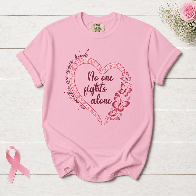 Comfort Colors Breast Cancer Awareness No One Fights Alone Butterfly Heart T-Shirt