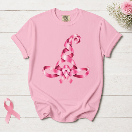 Comfort Colors Breast Cancer Awareness Halloween Witch Hat Pink Ribbon T-Shirt