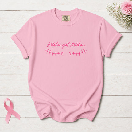 Comfort Colors Breast Cancer Awareness Bitches Get Stitches Pink October T-Shirt