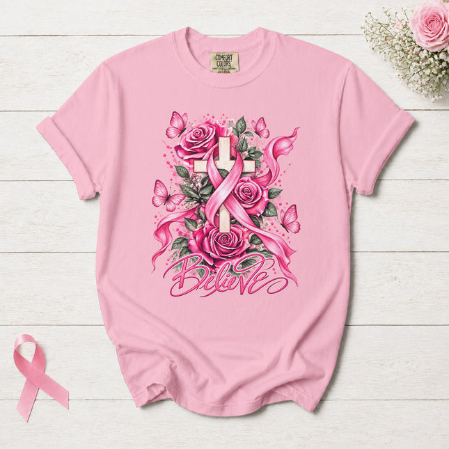 Comfort Colors Breast Cancer Awareness Believe Pink Ribbon Faith Floral T-Shirt