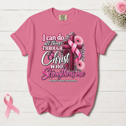 Comfort Colors Breast Cancer Awareness Faith Cross Pink Ribbon Christian T-Shirt