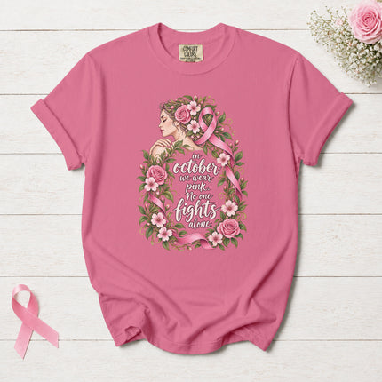 Comfort Colors Breast Cancer Awareness October Pink Ribbon Floral Support T-Shirt