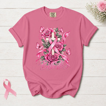 Comfort Colors Breast Cancer Awareness Believe Pink Ribbon Faith Floral T-Shirt