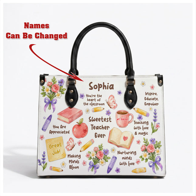 Personalized Teacher Leather Handbag Sweetest Teacher Floral