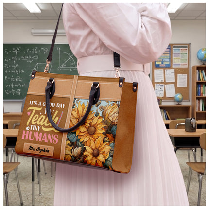 Personalized Teacher Leather Handbag Sunflower Teach Tiny Humans
