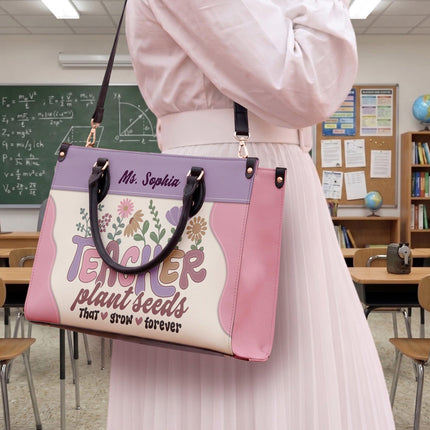 Personalized Teacher Leather Handbag Plant Seeds Floral